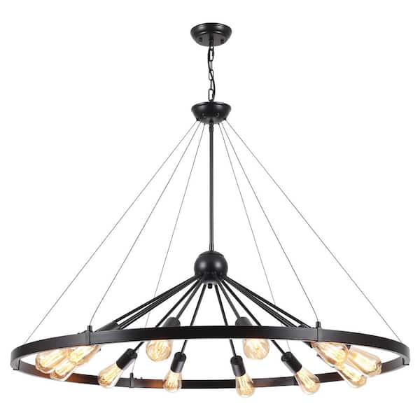 12-light Matte Black Sputnik Wagon Wheel Chandelier for Living Room Kitchen Island with No Bulbs Included