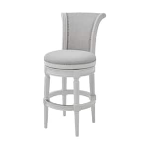 Chapman Farmhouse White Wood 30 in. Bar-Height Swivel Bar Stool with Back, Grey Upholstered Seat, One Stool