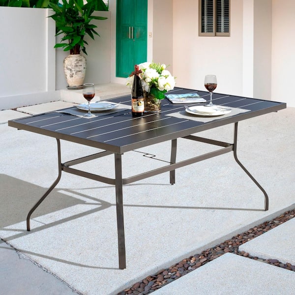glass top rectangular patio dining table with umbrella hole Flash Furniture Tory Commercial Grade Tempered with and Steel Tube Frame, Clear Top/Black Frame allowing for a shaded retreat during sunny afternoons Omraj Round Metal Outdoor Dining