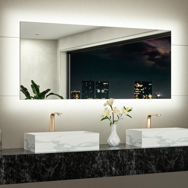 KeonJinn 60 in. W x 28 in. H Rectangular Frameless LED Light 3-Color Dimmable Anti-Fog Wall Bathroom Vanity Mirror with Backlit