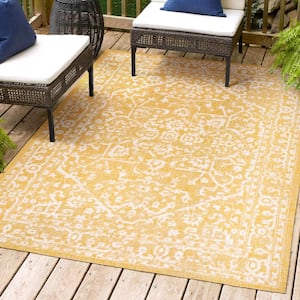 Malta Bohemian Medallion Textured Weave Yellow/Cream 5 ft. x 8 ft. Indoor/Outdoor Area Rug