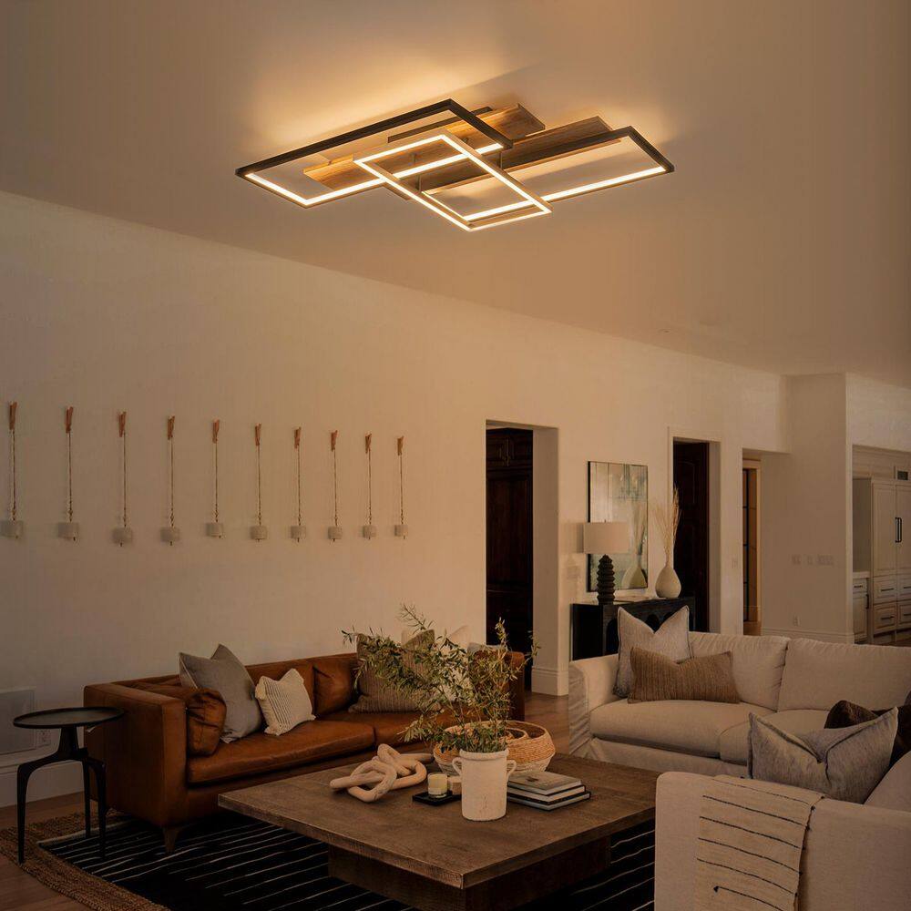26.77 in. Modern Farmhouse Rectangle Matte Black and Wood Dimmable Integrated LED Flush Mount Ceiling Light price history on PriceWatchPro
