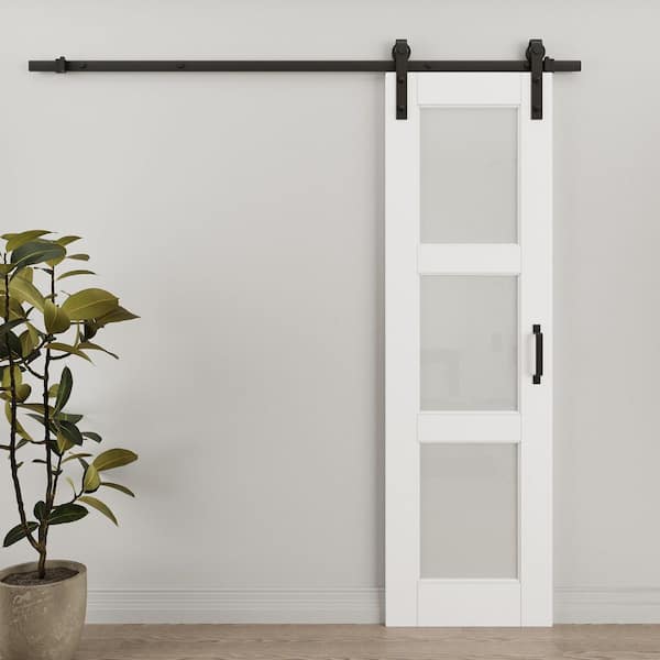 18 in. x 80 in. 3-Lite Tempered Frosted Glass White Primed MDF Composite Sliding Barn Door with Hardware Kit