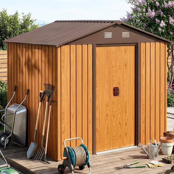 8 ft. x 6 ft. Outdoor Metal Storage Shed Garden Tool Room with Floor Base and Sliding Doors, Coffee (39 sq. ft.)