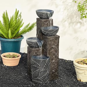32.75 in. H Natural Leaf Textured 4-Tier Resin Outdoor Fountain with Pump and Light (KD)