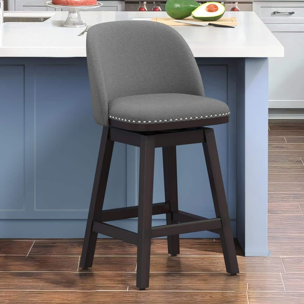 cozyman 26 in. Gray Wood Frame Fabric Swivel Cushioned Bar Stool ...