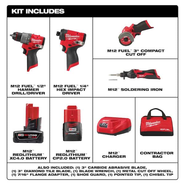 M12 FUEL 12-Volt Li-Ion Brushless Cordless Hammer Drill & Impact Combo Kit w/2 Batteries, Cut Off Saw & Soldering Iron