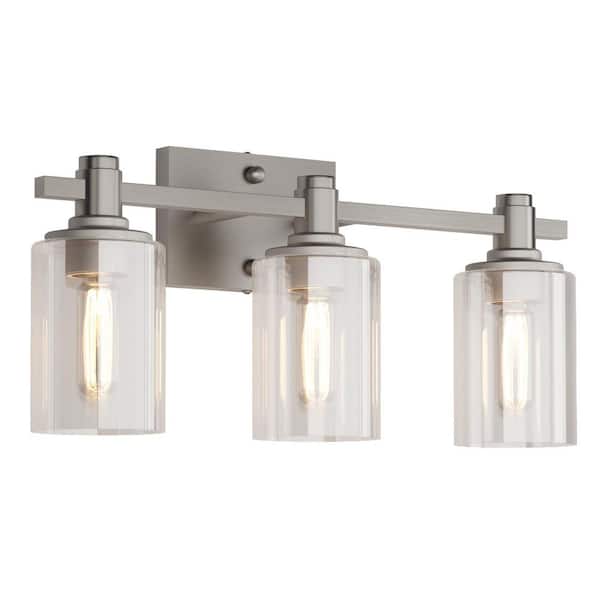 17 in. 3-Light Nickel Bathroom Vanity Light with Clear Glass shades for Mirror and Vanity