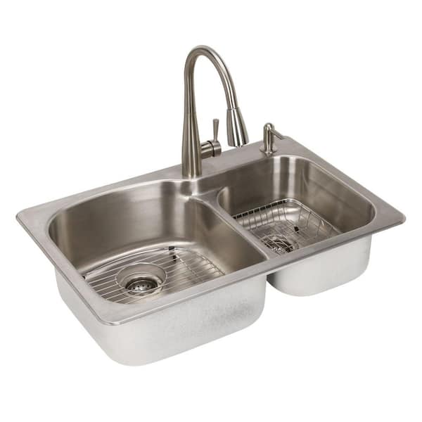 Glacier Bay All-in-One Dual Mount Stainless Steel 33 in. 2-Hole Double Bowl Kitchen Sink