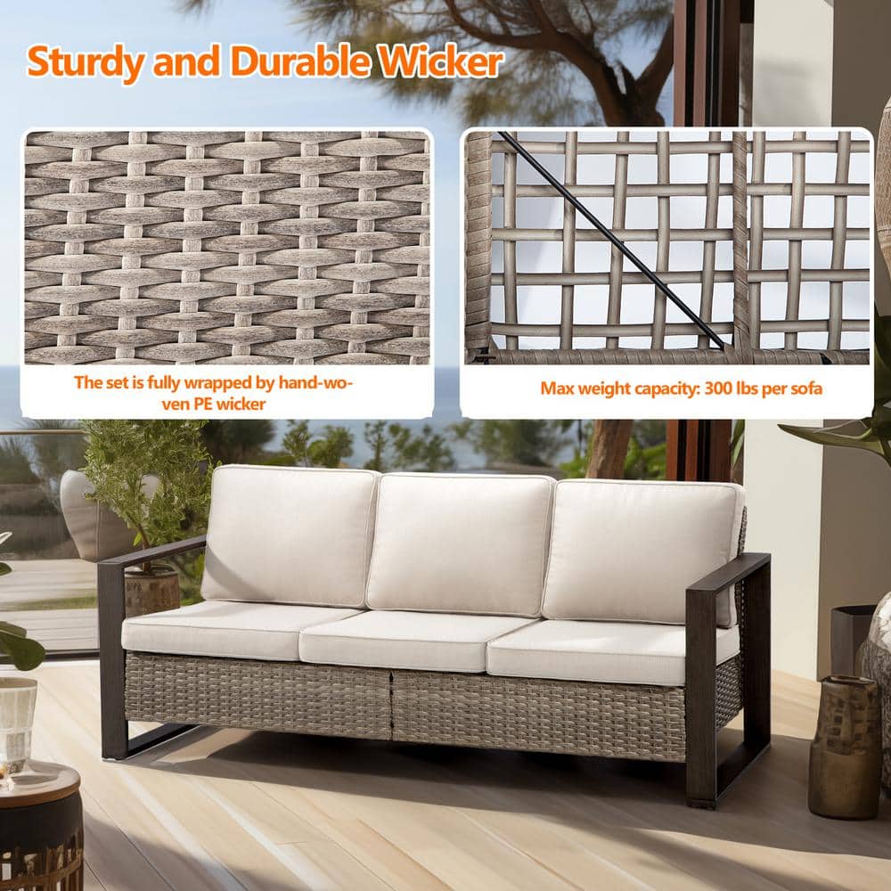 Beige 3-Seat Patio Wicker Sofa with Removable Cushions