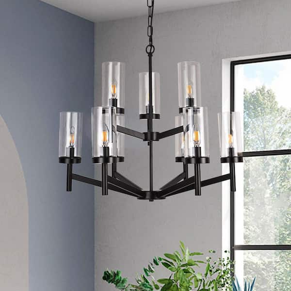 Modern 9-Light Matte Black Branch Chandelier with Clear Glass Shade for Kitchen Island