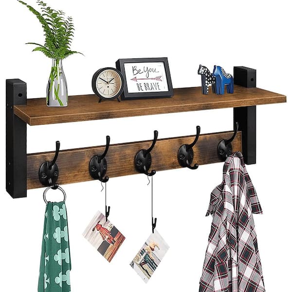 Cubilan 17.1 in. W x 4.5 in. D Rustic Brown Wood Decorative Wall Shelf, Wood Coat Rack