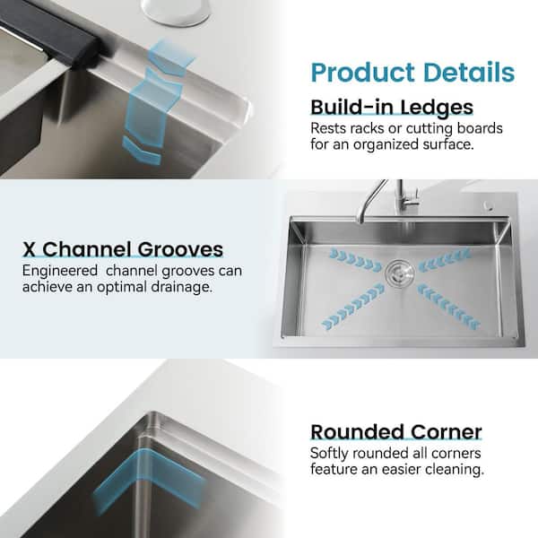 HOPROME Steelux 33 in. x 22 in. Drop-In Single Bowl