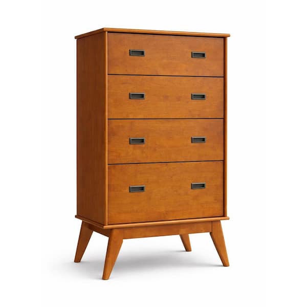 teak brown dresser Simpli Home Draper 43 in. H 4-Drawer with Tapered Legs and Smooth Glide Drawers AXCDRP4DRS-TK making them a timeless addition to any room Teak Brown Dresser