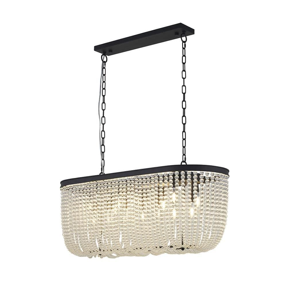 6-Light Satin Black Oval Chandelier With Clear Beaded hanging Crystals