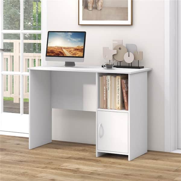 Costway 42 in. Rectangular White Wood Desk Cabinet Cable Holes and