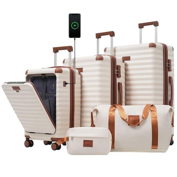 5 Bags 5-Piece Brown and White Expandable ABS Hardside Luggage Set with Duffel/Toiletry Bag, Front Opening, USB Ports