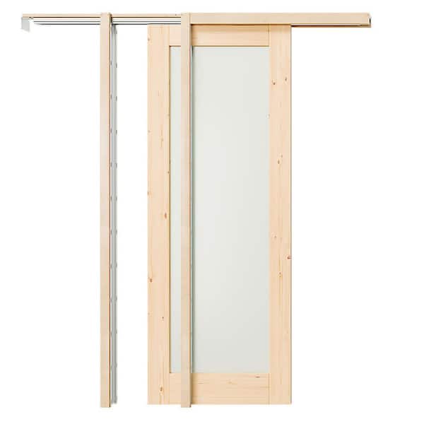 TENONER 60 in. x 80 in. Full Lite, Frosted Glass, Solid Wood, DIY Painted, Light Brown, Primed Sliding Door with All Hardware