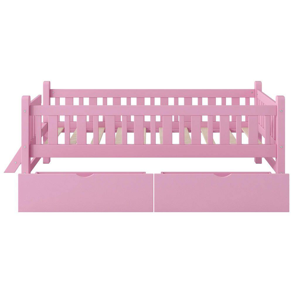 White Wood Frame Twin Size Platform Bed with Guardrail and 2-Drawers - thumbnail 10