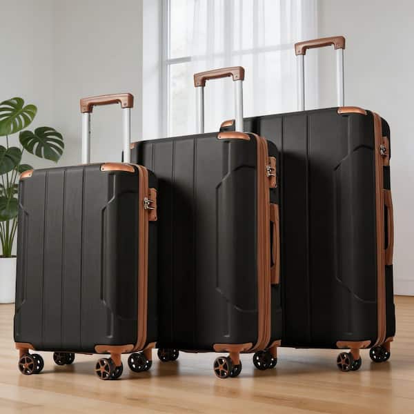 LIVACA 3-Piece Black Brown Expandable Hardside ABS Plastic Double