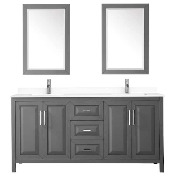 Wyndham Collection Daria 72 in. W x 22 in. D Double Vanity in Dark Gray with Cultured Marble Vanity Top in White with Basins and Mirrors
