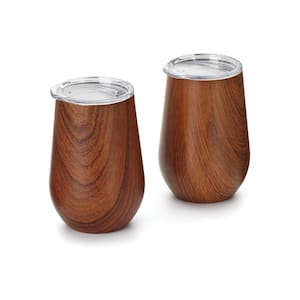 12 oz. Wood Grain Pattern Stainless Steel Double Wall Wine Glass Tumbler with Lid (Set of 2)