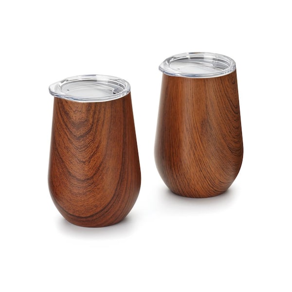 Outset 76486 Double Wall Wine Glass Tumbler with Lid, Wood Grain Pattern, 12 Ounce, Set of 2