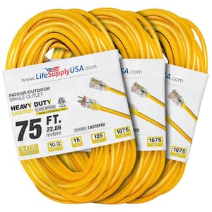 75 ft. 10-Gauge/3-Conductors SJTW Indoor/Outdoor Extension Cord with Lighted End Yellow (3-Pack)