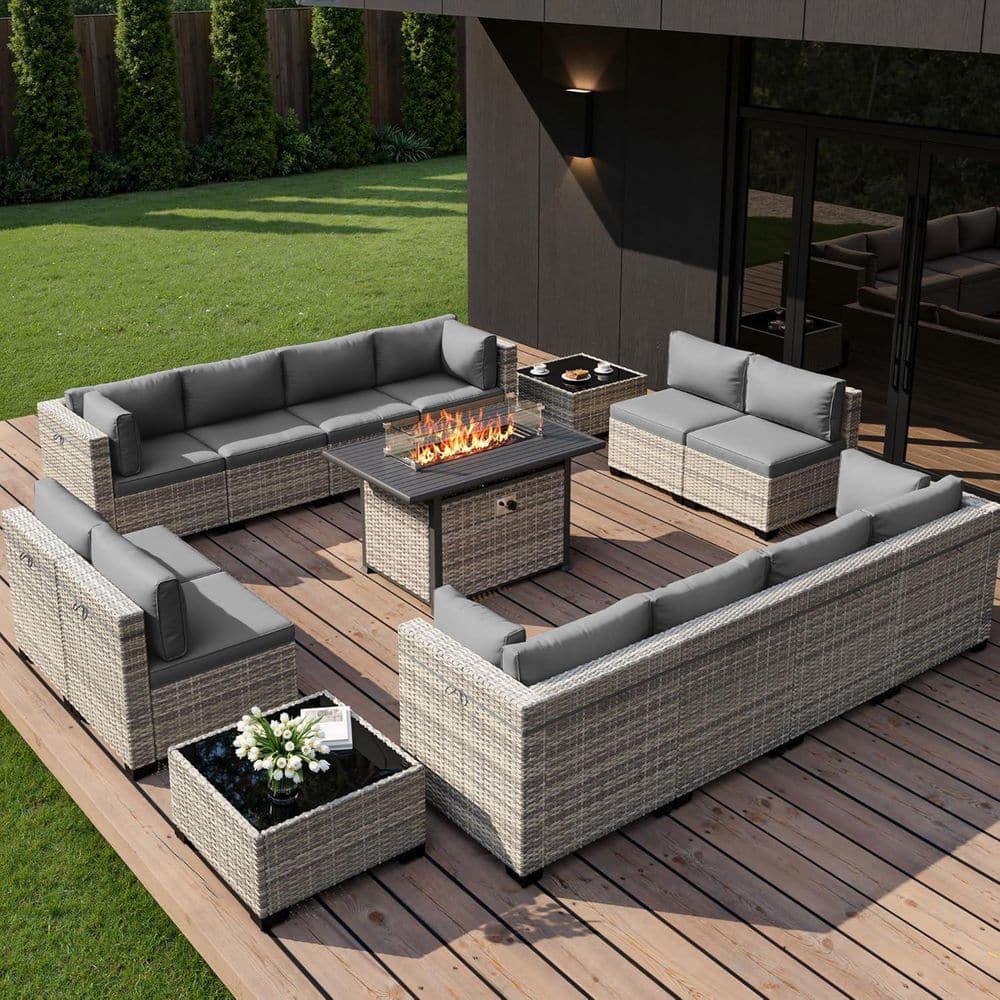 15-Piece Wicker Patio Conversation Set with 55,000 BTU Fire Pit Table and Glass Top Table with Gray Cushions price history on PriceWatchPro