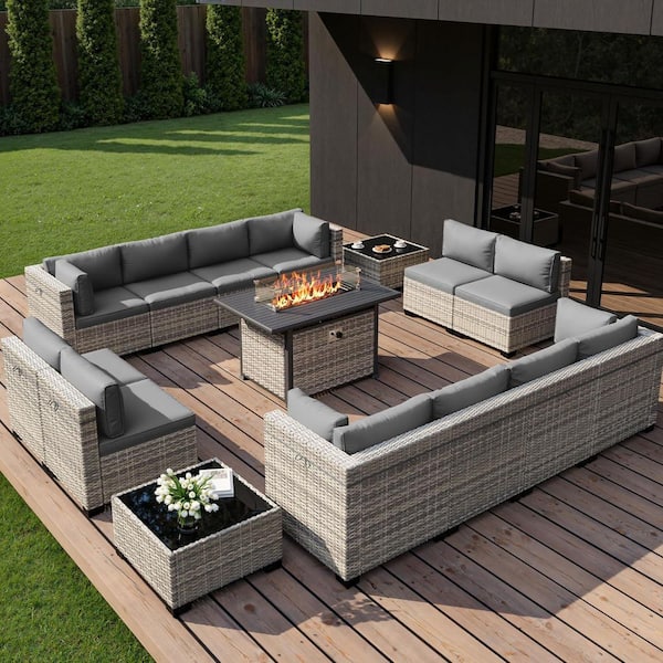 15-Piece Wicker Patio Conversation Set with 55,000 BTU Fire Pit Table and Glass Top Table with Gray Cushions