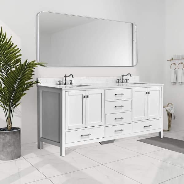 Bath Mist 84 in. W. Double Sink Freestanding Bath Vanity in White with White Engineered Top