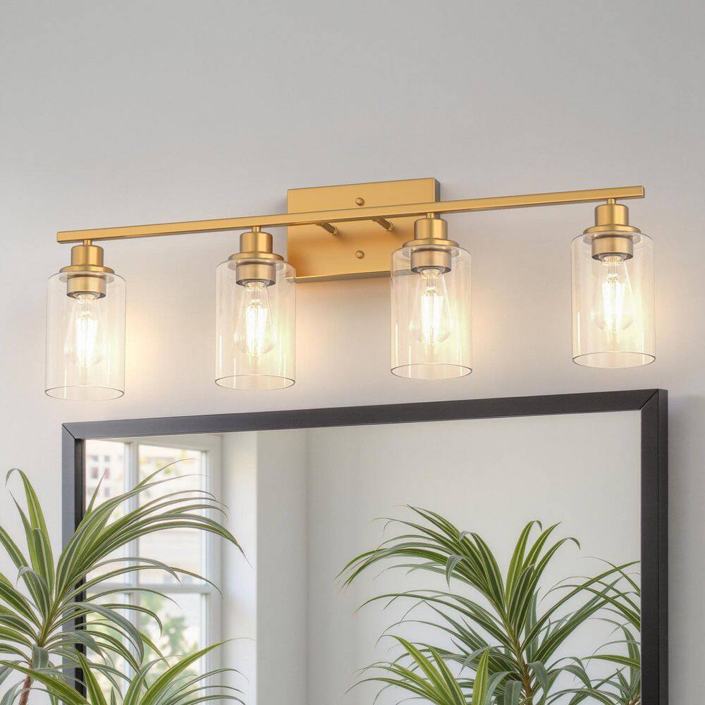 31.5 in. 4 Light Antique Brass Vanity Light with Clear Glass Cylinder Shade price history on PriceWatchPro