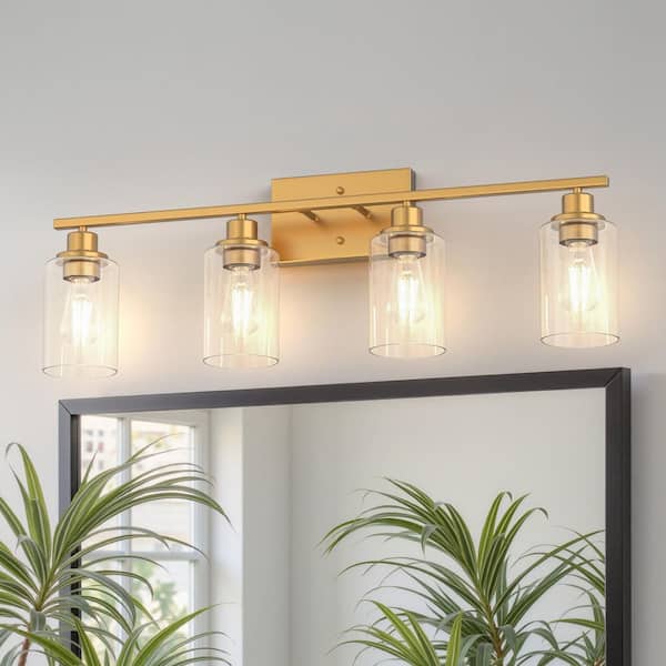31.5 in. 4 Light Antique Brass Vanity Light with Clear Glass Cylinder Shade
