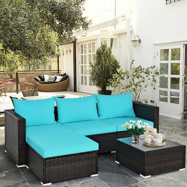 5-Piece Rattan Patio Conversation Set Wicker Sectional Sofa Set with Tempered Glass Table Top and Cushions in Blue