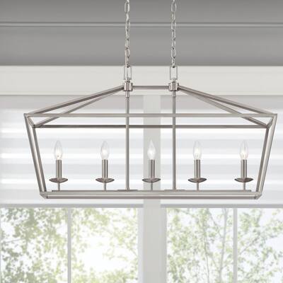 Weyburn 5-Light Brushed Nickel Caged Rectangular Chandelier, Linear Farmhouse Dining Room Pendant, Lantern Island Light