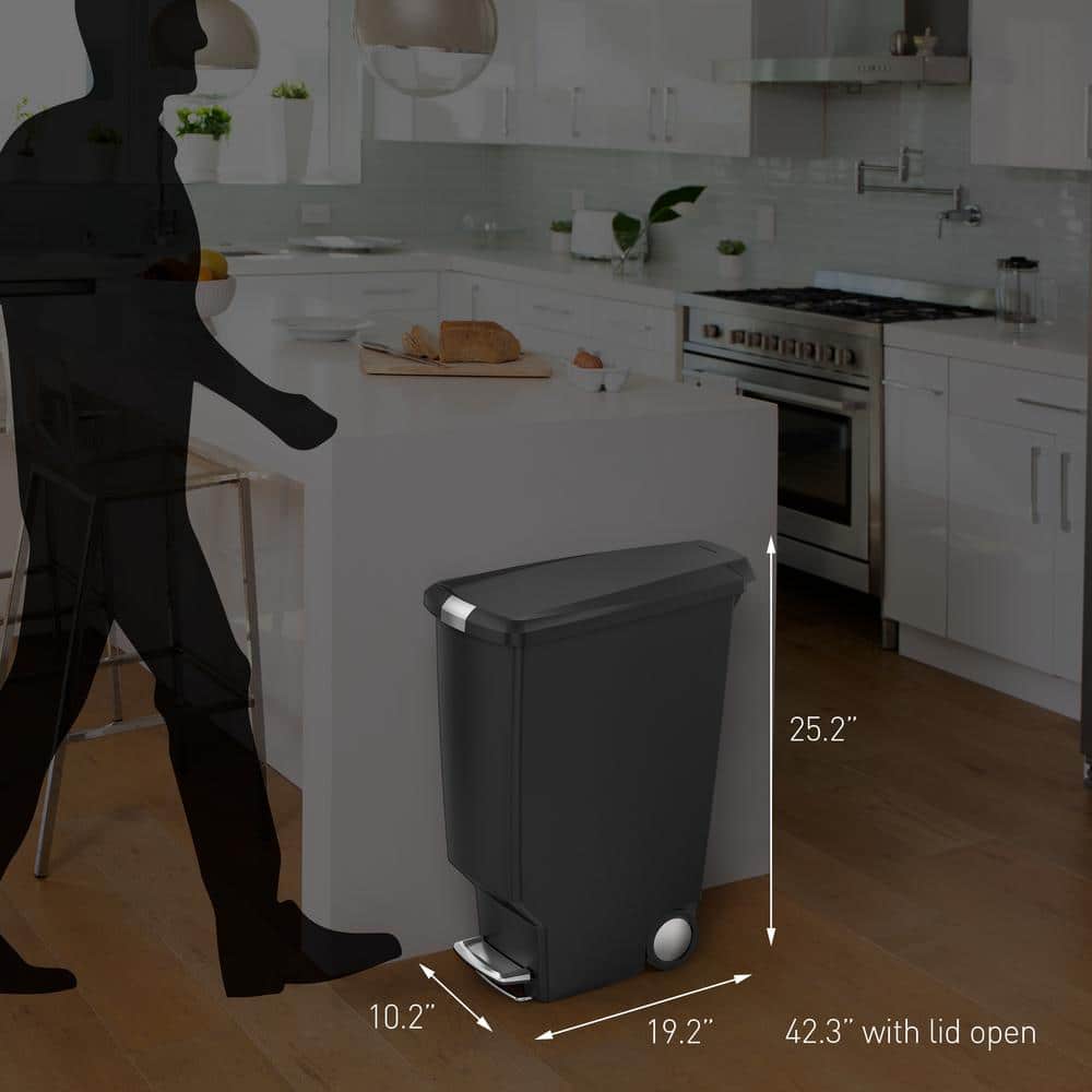 40 Liter Slim Step Trash Can with Soft-Close Locking Lid, Black Plastic