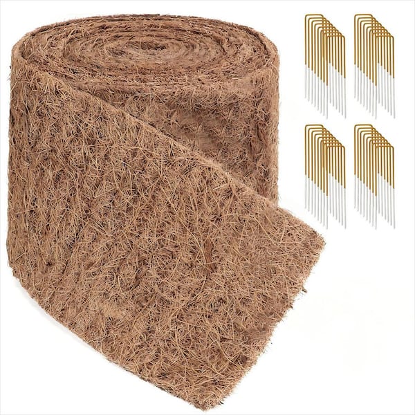 240 in. x 6.3 in. Coconut Fiber Liner Mulch Mat with 32 U-Shaped Steel Stakes, Thick Mulch Roll for Garden Edging Border
