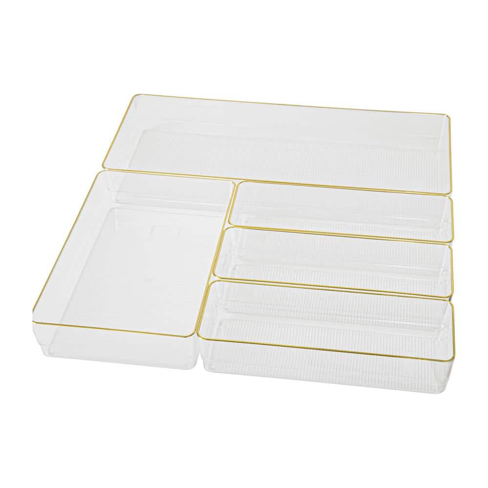 Martha Stewart 5pc Plastic Stackable Office Desk Drawer Organizers with Gold Trim ! Large, 1 Medium & 3 Small Clear