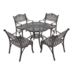 Bronze Frame 5-Piece Cast Aluminum Round Table with Umbrella Hole Bar Height Outdoor Dining Set