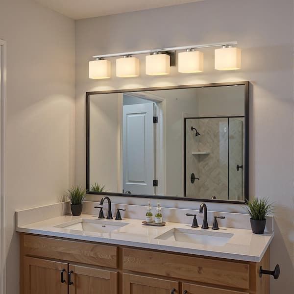 40 in. 5-Light Nickel Vanity Light, Modern Square Wall Fixture with Milk White Glass Shades for Bathroom