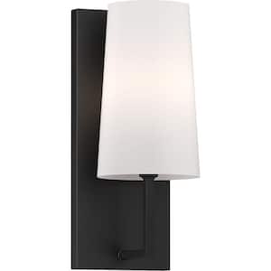 1-Light Black Armed Wall Sconce with Fabric Empire Shade