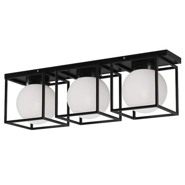 TRIBESIGNS WAY TO ORIGIN Hostin 3-Light Black Wall Sconce with Globe Flush Mount Opal Glass Shade
