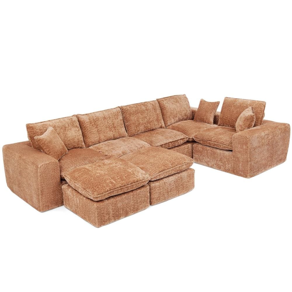 107 in. Square Arm 7-piece Boucle Modular Sectional Sofa with Moveable Ottomans in Orange durable construction