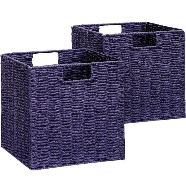 Purple 11 in. x 11 in. Paper Decorative Basket Set of 2 with Built-in Handles