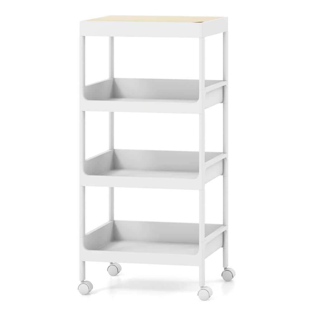 4-Tier White Utility Rolling Kitchen Cart with Detachable Tray Top and Lock