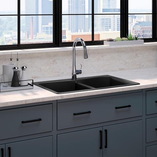 Kennon Drop-In Neoroc Granite Composite 33 in. Double Bowl Kitchen Sink with Simplice Faucet