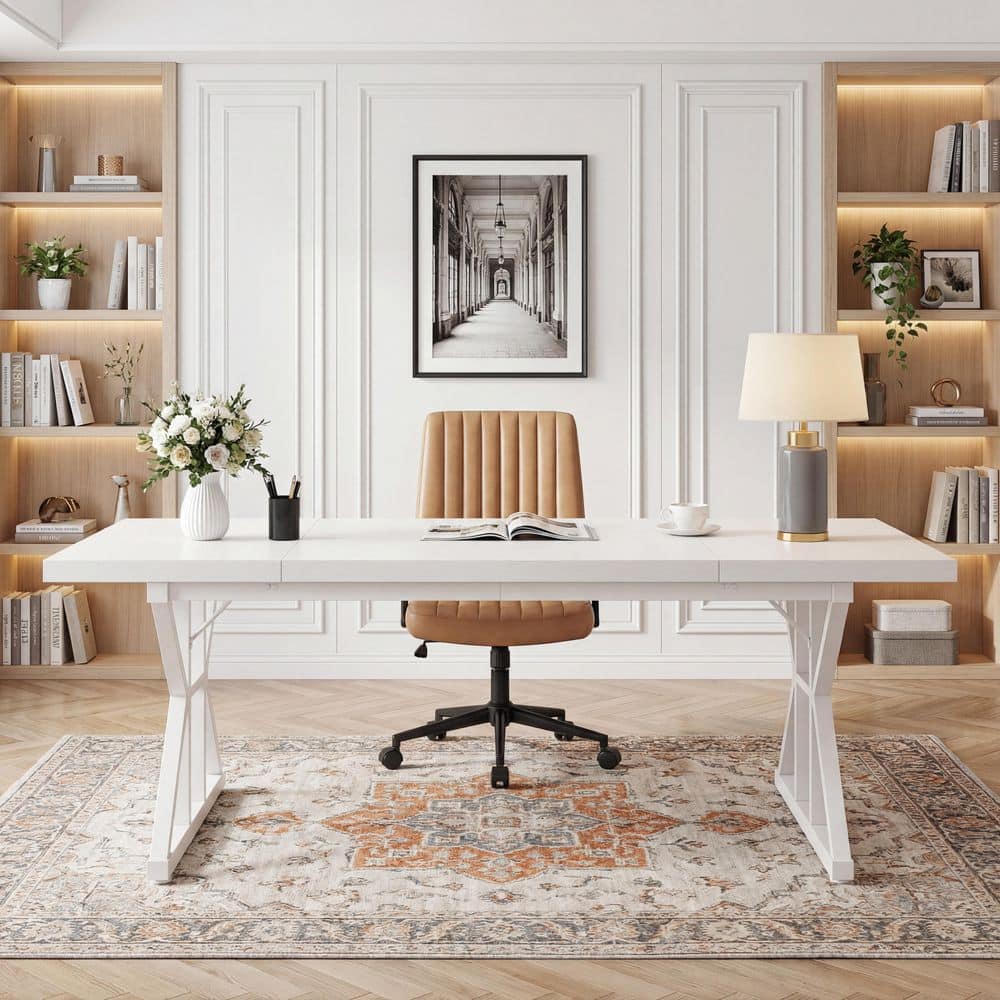 70.86" in. Rectangle White Wood Conference Table, Computer Desk, Study Writing Desk with Metal Base for Home Office