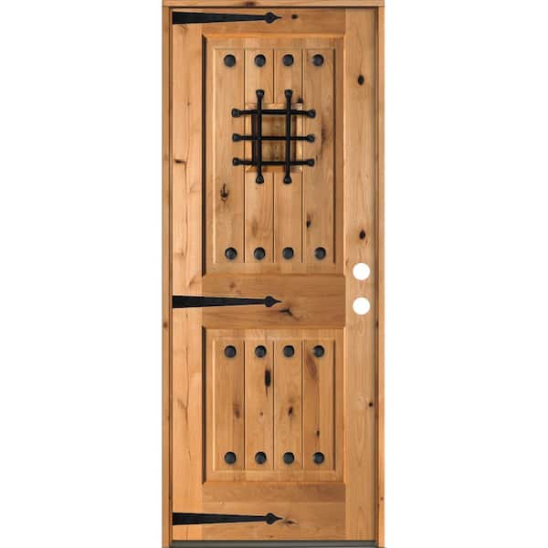 Krosswood Doors 32 in. x 80 in. Mediterranean Knotty Alder Square Top Clear Stain Left-Hand Inswing Wood Single Prehung Front Door
