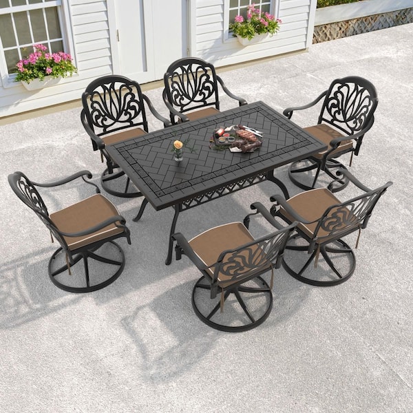 Elizabeth 7-Piece Cast Aluminum Patio Outdoor Dining Set with Rectangle Dining Table,6 Swivel Chairs and 6 Brown Cushion