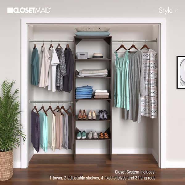 ClosetMaid Style+ Chocolate Hanging Wood Closet Corner System with (2) 16.97 in. W Towers, 2 Corner Shelves and 2 Corner Rods, Brown